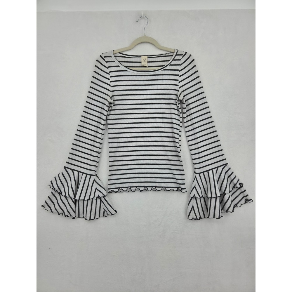 We The Free Free People Striped Ribbed Ruffle Bell Sleeve Top Gray Small Casual